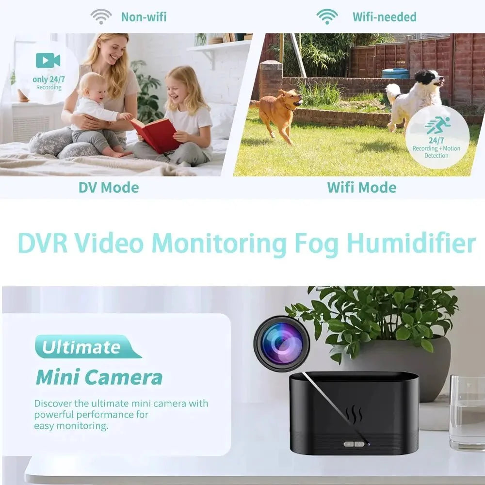4K Mini WiFi Camera Mist Humidifier IR Night Vision Motion Detection Secure Home