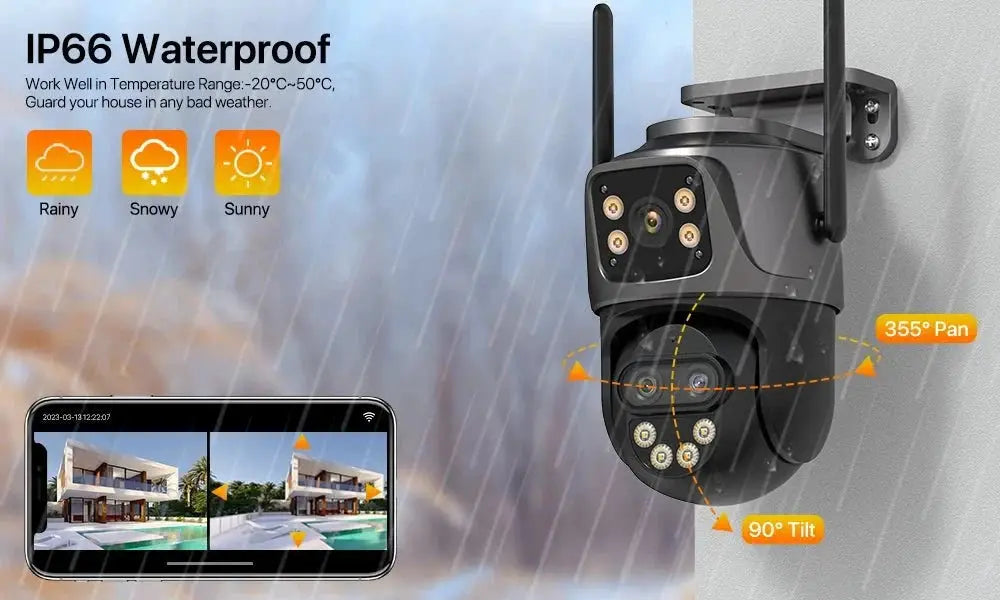 IP Camera 6K 9MP WiFi Outdoor Camera - 3 Lens Dual Screen PTZ With 8x Zoom - stepyours.com