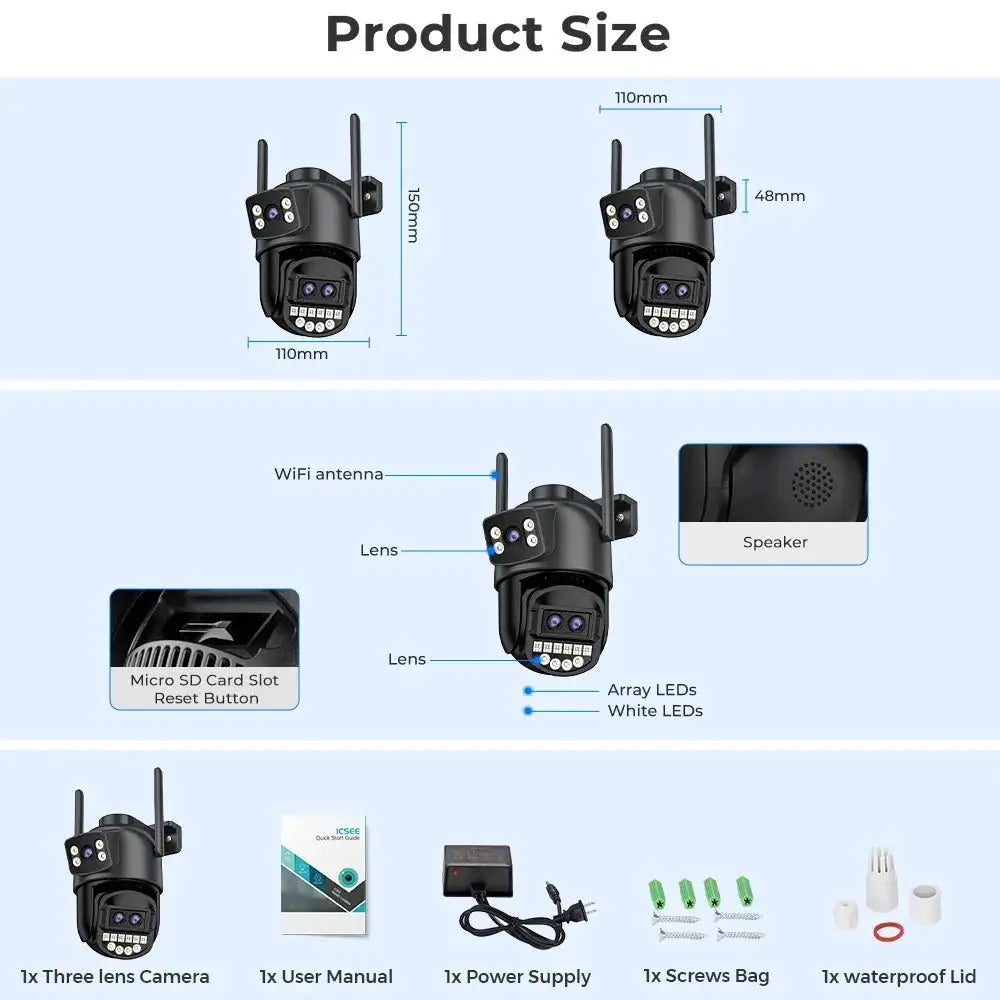 Outdoor WiFi PTZ Camera 8x Optical Zoom Three Lens Dual Screen CCTV IP - stepyours.com