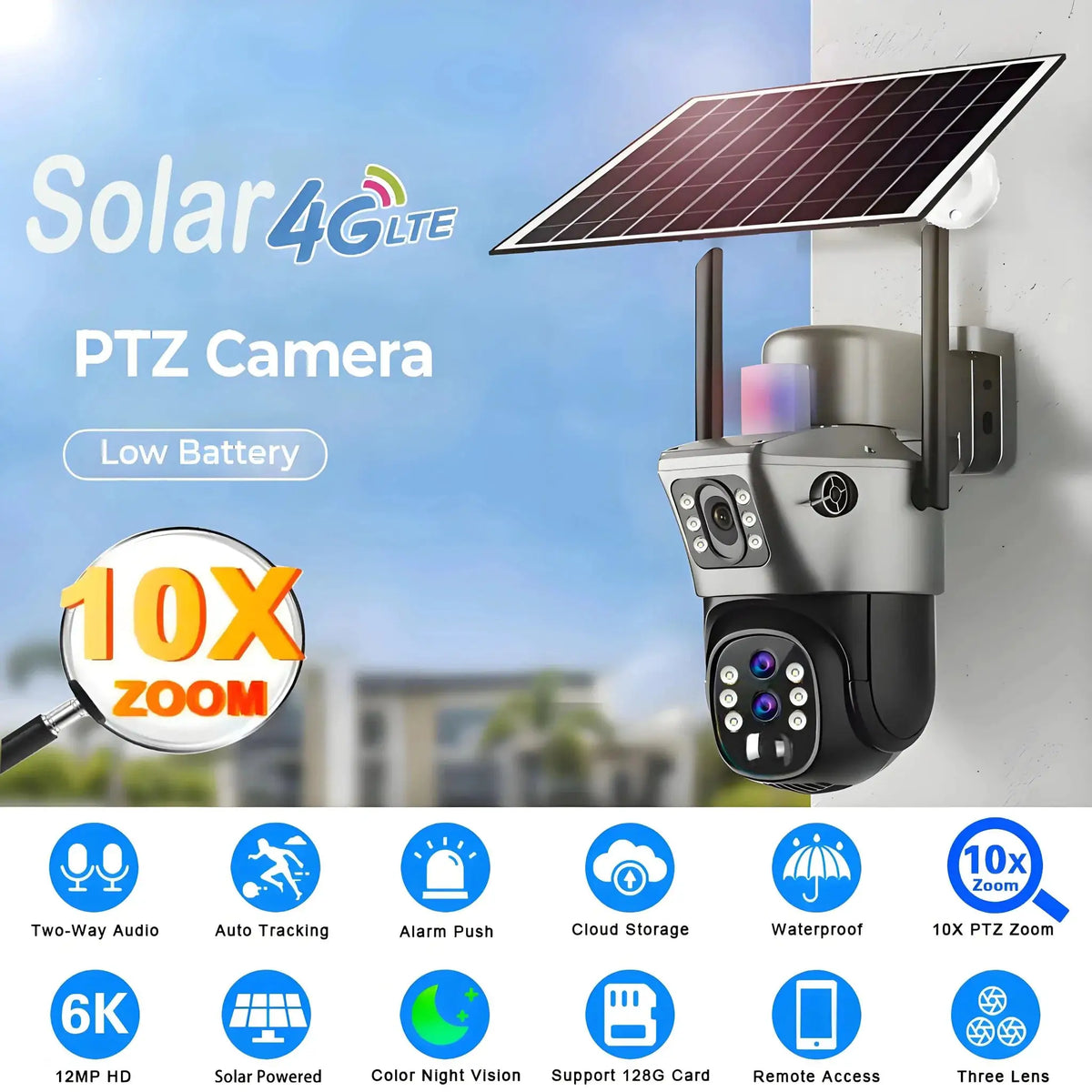 4G Solar Camera Outdoor 6K 12MP Tri Lens Night Vision IP PTZ Surveillance Pro - stepyours.com