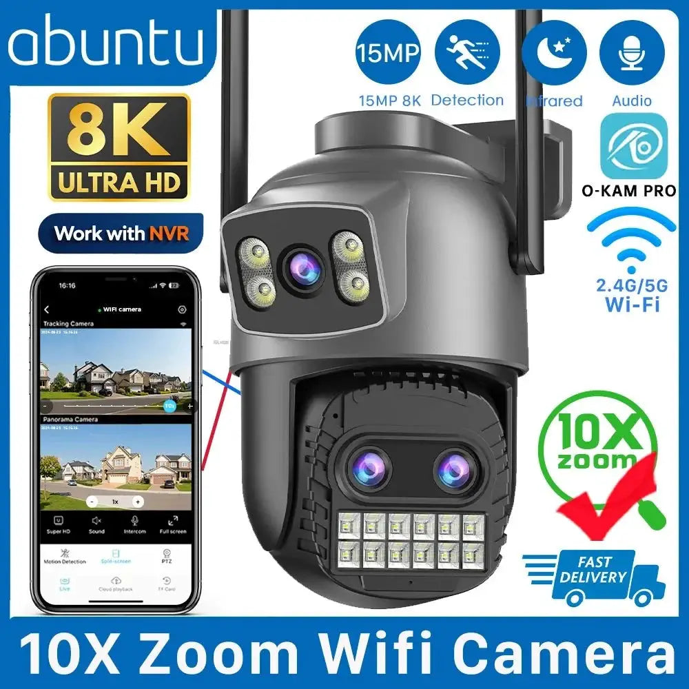 Abuntu 15MP 8K PTZ WiFi Outdoor Camera - 10X Zoom AI Human Detection - stepyours.com