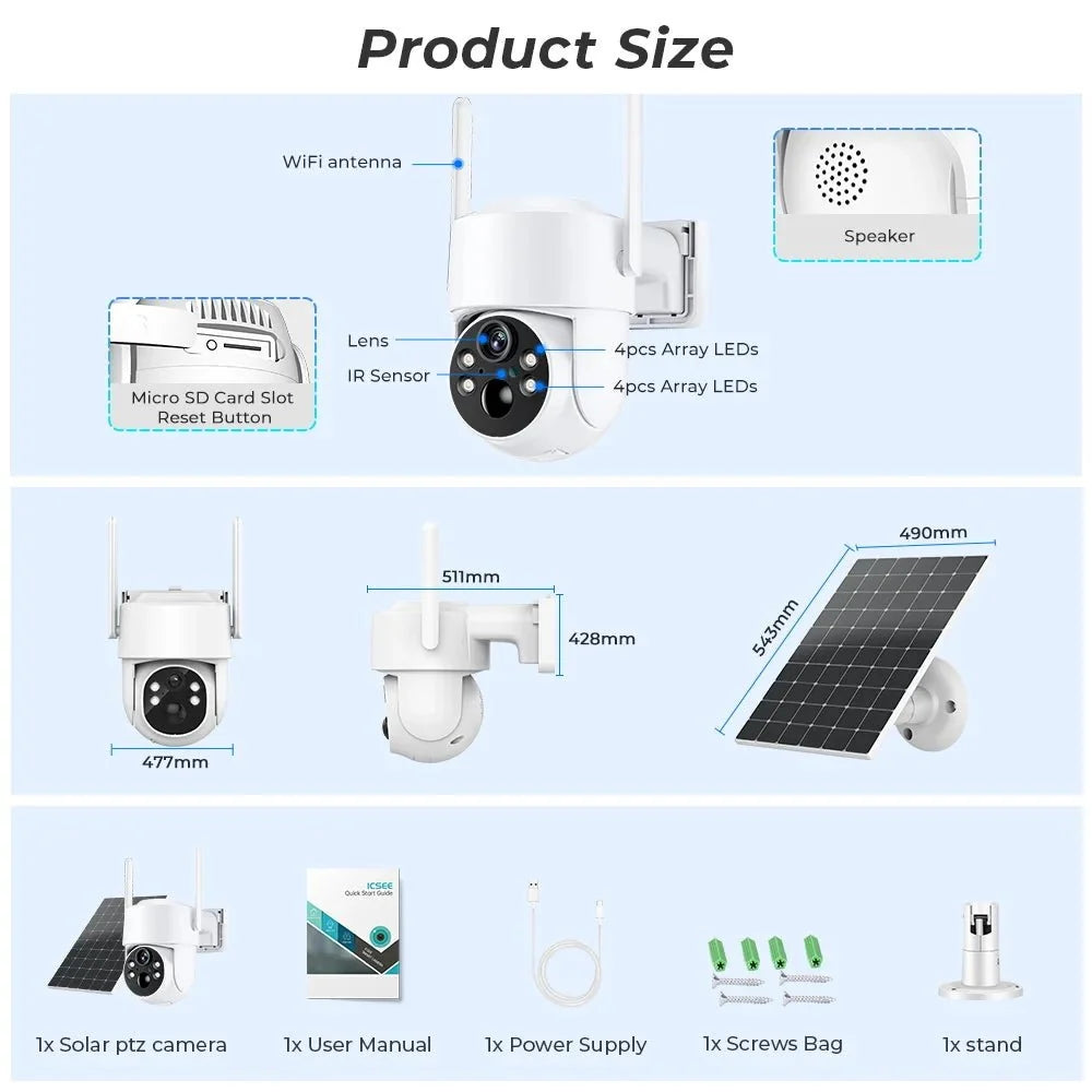 SolarGuard WiFi PTZ Solar IP Camera - 4MP FHD Built In Battery Standby iCsee App