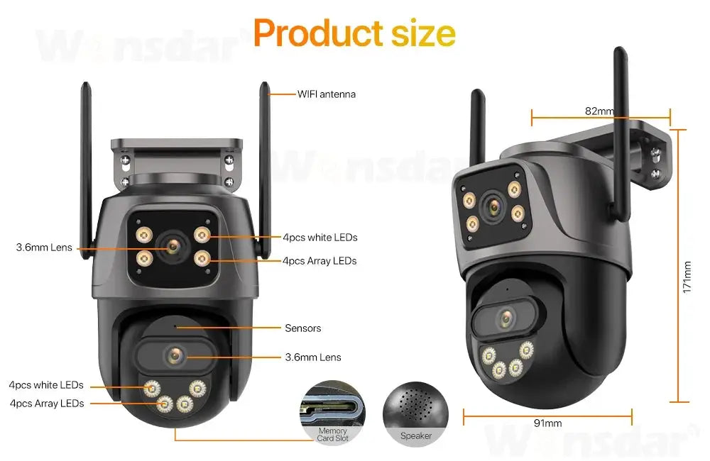 WONSDAR Three Screen WIFI IP Camera Outdoor - Dual Lens AI Human Detection Hooks by stepyours.com