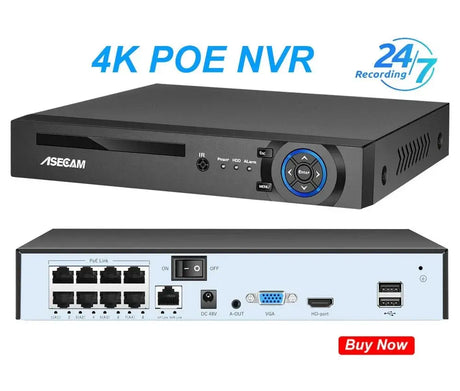 4K PoE NVR home security system with multiple PoE ports, HDMI and VGA outputs