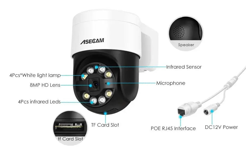 ASECAM 8MP 4K PTZ IP Camera Outdoor - AI Face Detection PoE Security Camera - stepyours.com