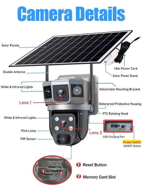 V380 Pro Solar Wifi Outdoor PTZ Dual Lens Camera Auto Tracking Hooks - stepyours.com