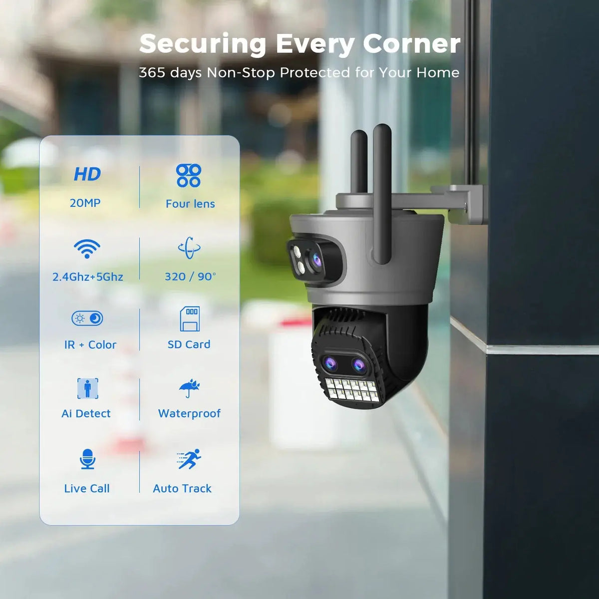 20MP PTZ WiFi Surveillance Camera 4 Lens 10X Zoom Outdoor Night Vision - stepyours.com