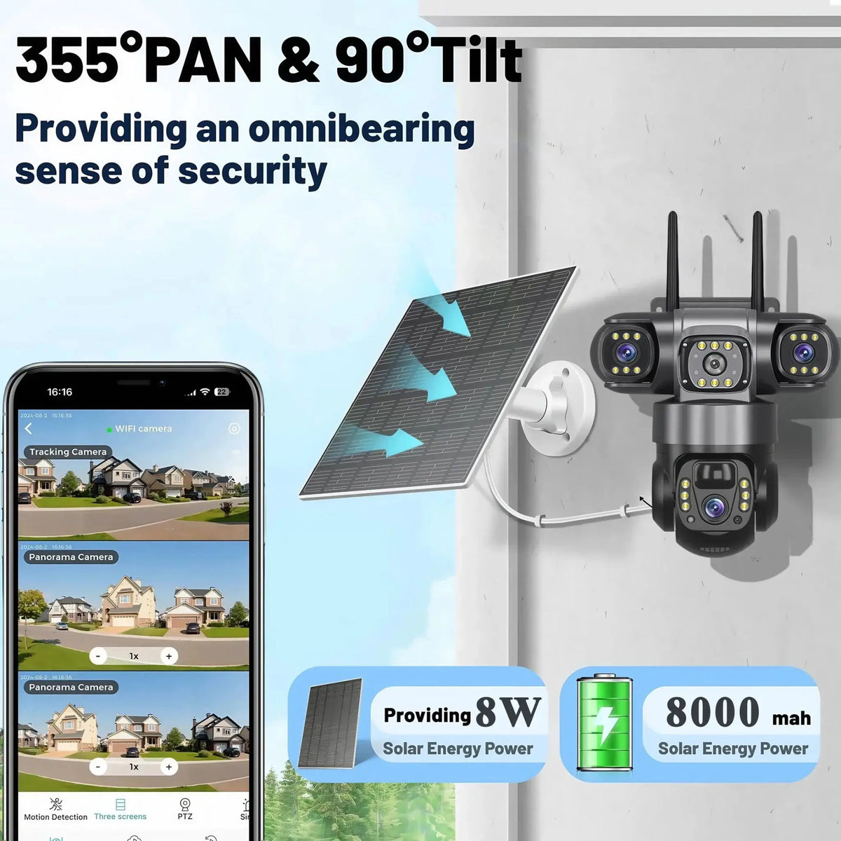 V380PRO 3 Lens WiFi Solar Camera 15MP 360 Outdoor Waterproof CCTV Night Vision - stepyours.com