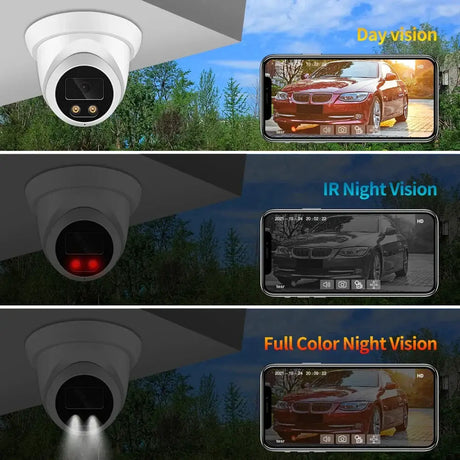 4K 8MP outdoor security camera for homes with day vision, IR night vision, and full-color night vision on mobile.