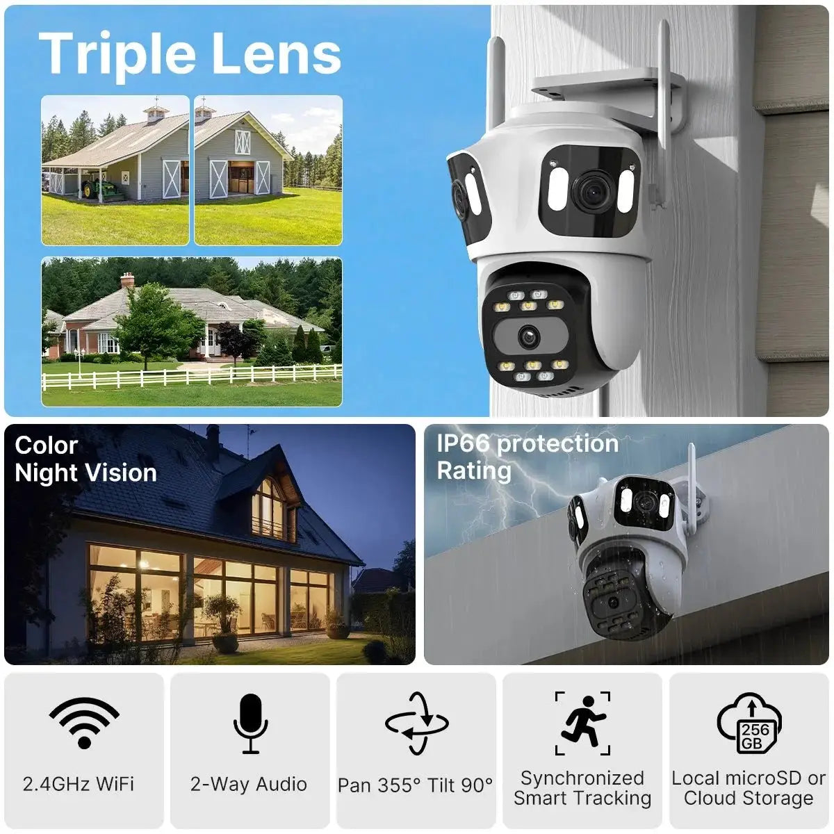 Three Lens PTZ IP Camera Outdoor HD WiFi Security Auto Tracking CCTV Hooks - stepyours.com