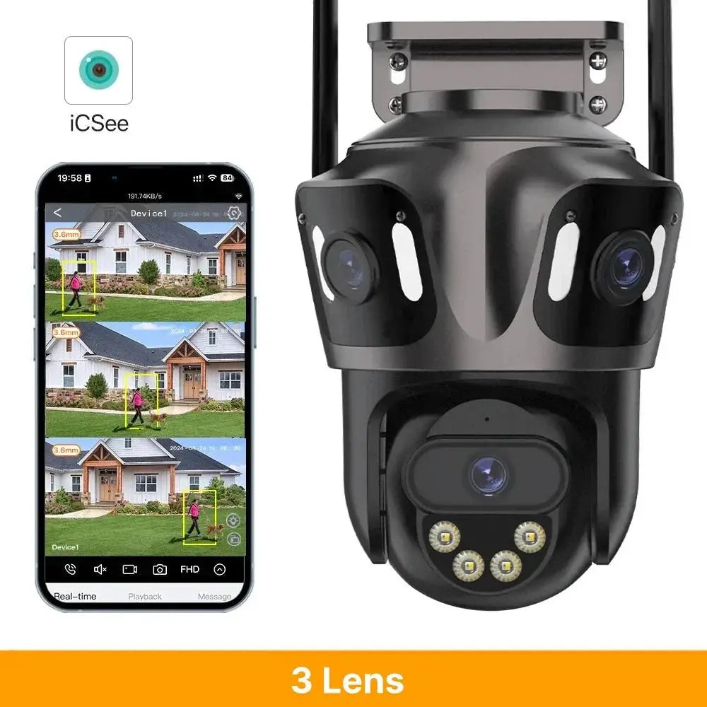 WONSDAR Three Screen WIFI IP Camera Outdoor - Dual Lens AI Human Detection Hooks - stepyours.com