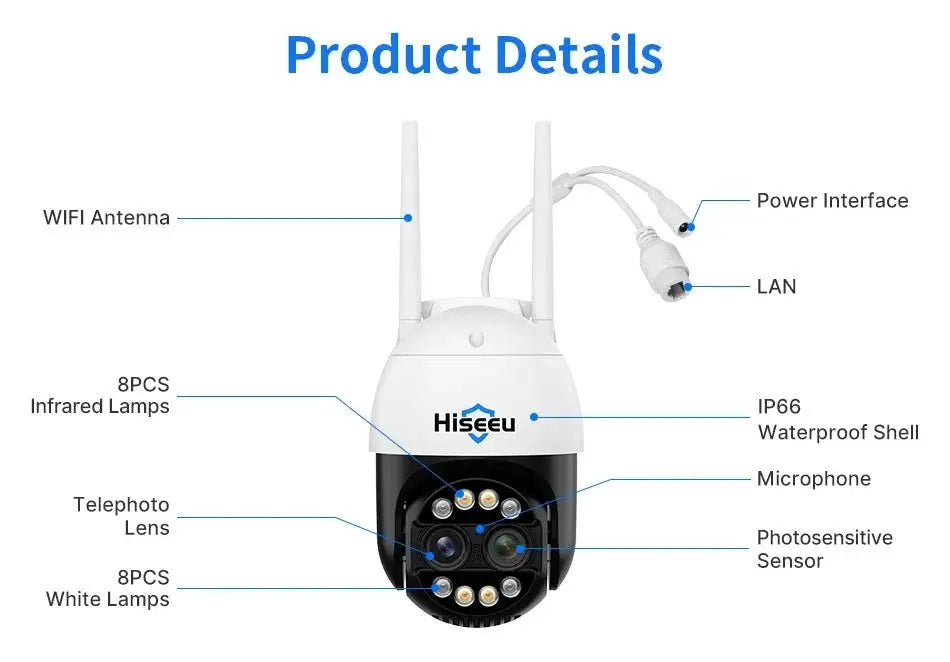 Hiseeu 4K 8MP PTZ WiFi IP Camera With 8X Zoom Night Vision And Smart Detection - stepyours.com