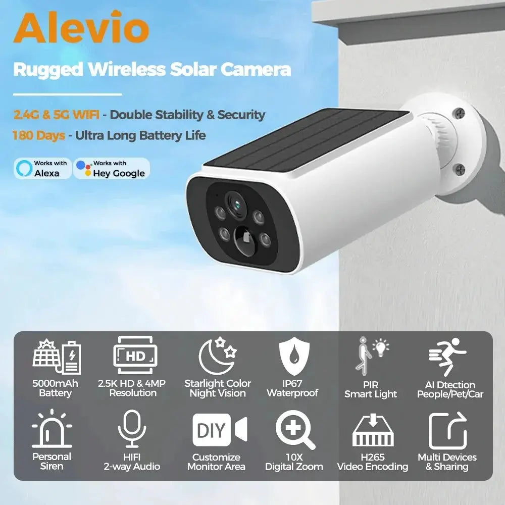 Alevio 2.5K Outdoor Solar Camera Wireless AI Security With Night Vision Hooks - stepyours.com