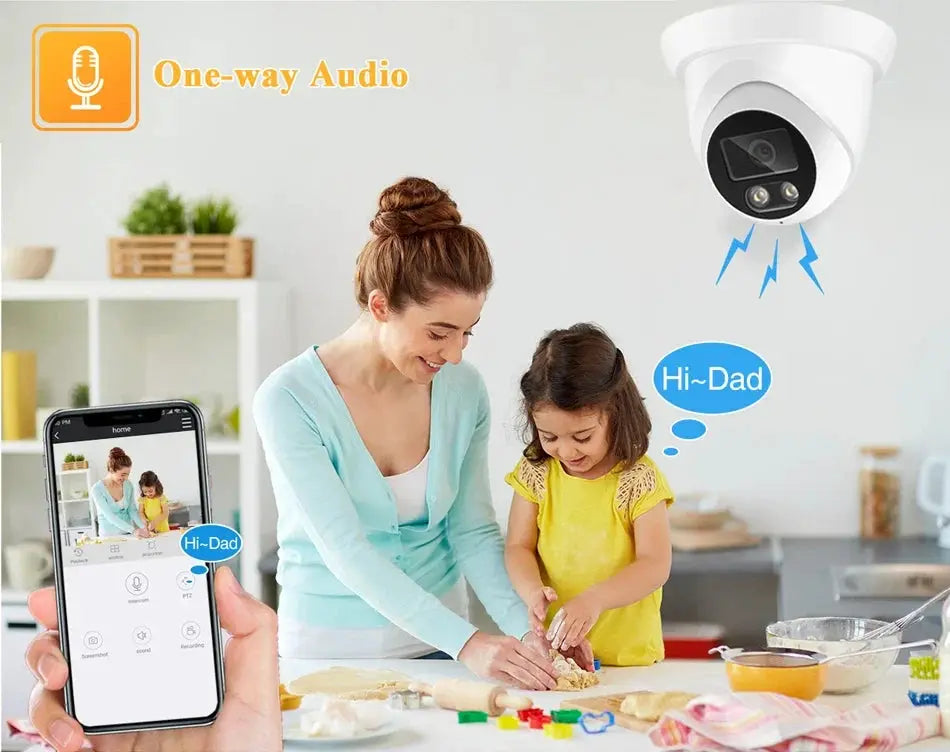 4K 8MP Outdoor Security Camera for Homes monitoring a mom and daughter baking at home, seen via smartphone app.