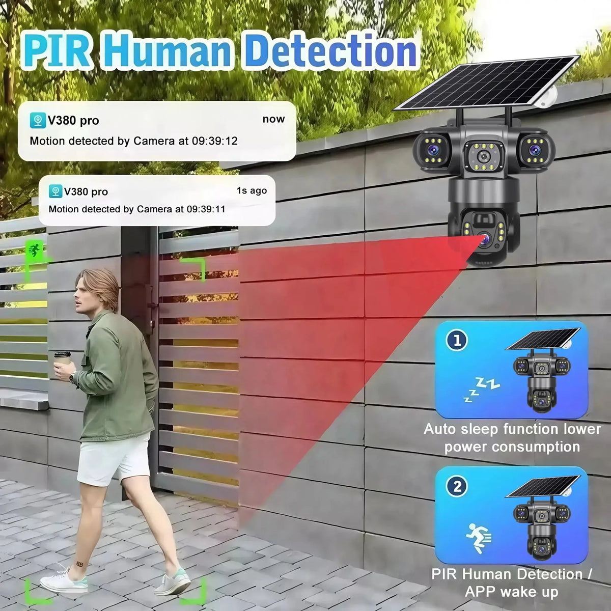 V380PRO 3 Lens WiFi Solar Camera 15MP 360 Outdoor Waterproof CCTV Night Vision - stepyours.com