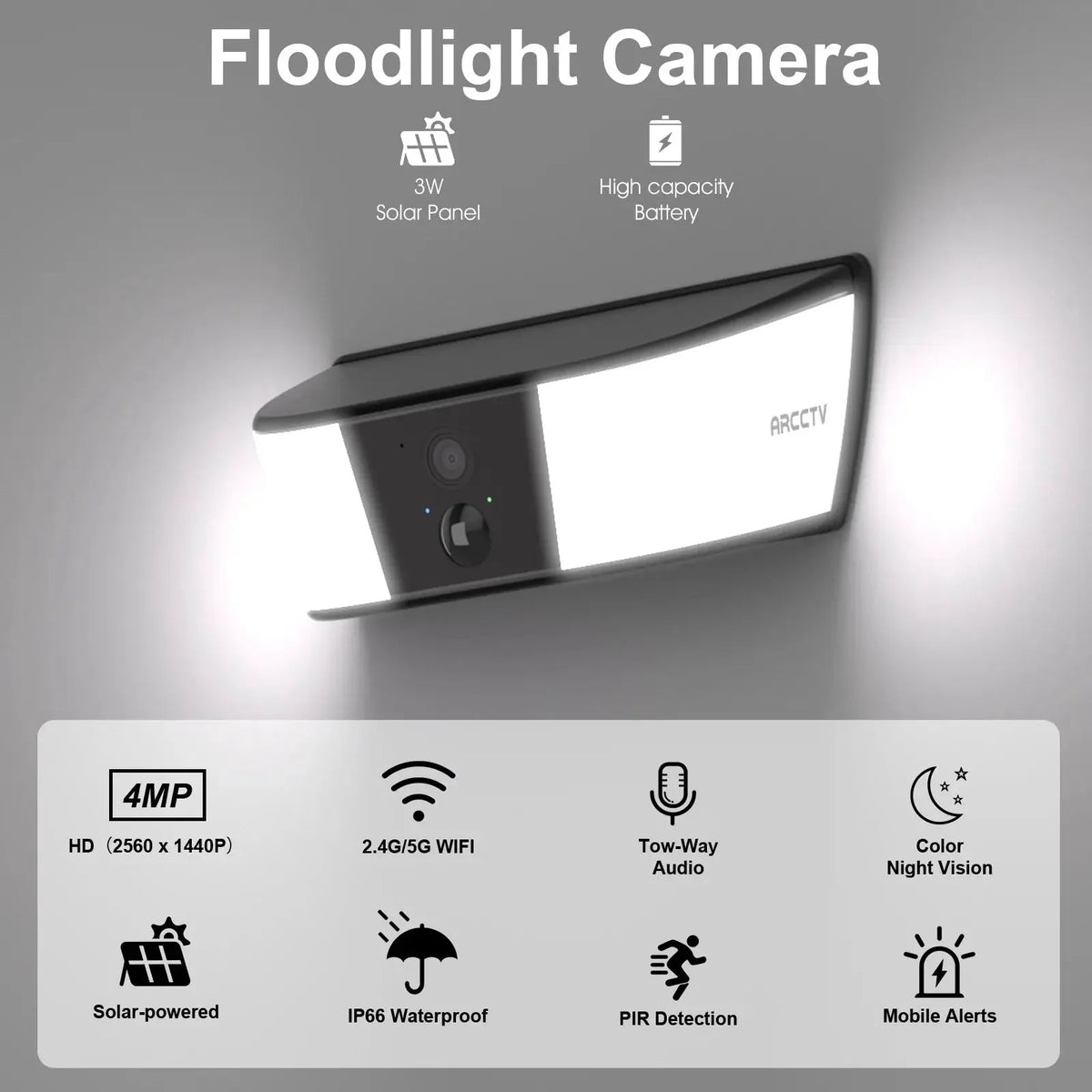 ARCCTV 2K Solar WiFi Floodlight Camera With Two Way Audio Smart Home Guard