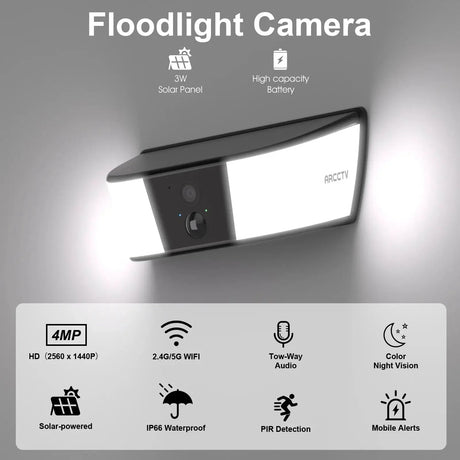 ARCCTV 2K Solar WiFi Floodlight Camera With Two Way Audio Smart Home Guard
