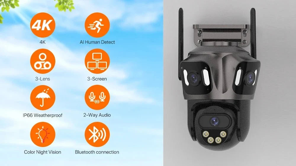 iCsee Three Screen WiFi IP Cameras Outdoor 4K Tri Lens - AI Human Detection Zone