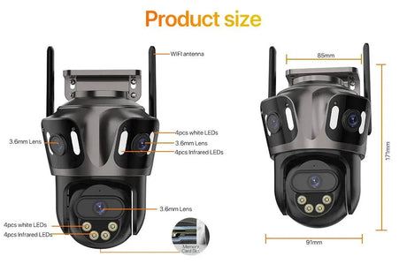 iCsee Three Screen WiFi IP Cameras Outdoor 4K Tri Lens - AI Human Detection Zone