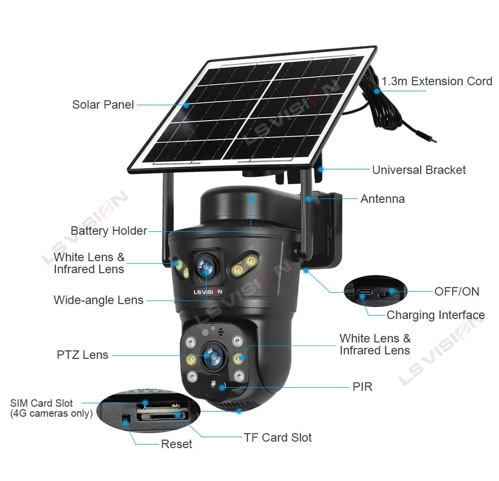 LS Vision 4G WiFi Outdoor Solar Camera - 8MP Dual Lens Night Vision WaterproofCCTV