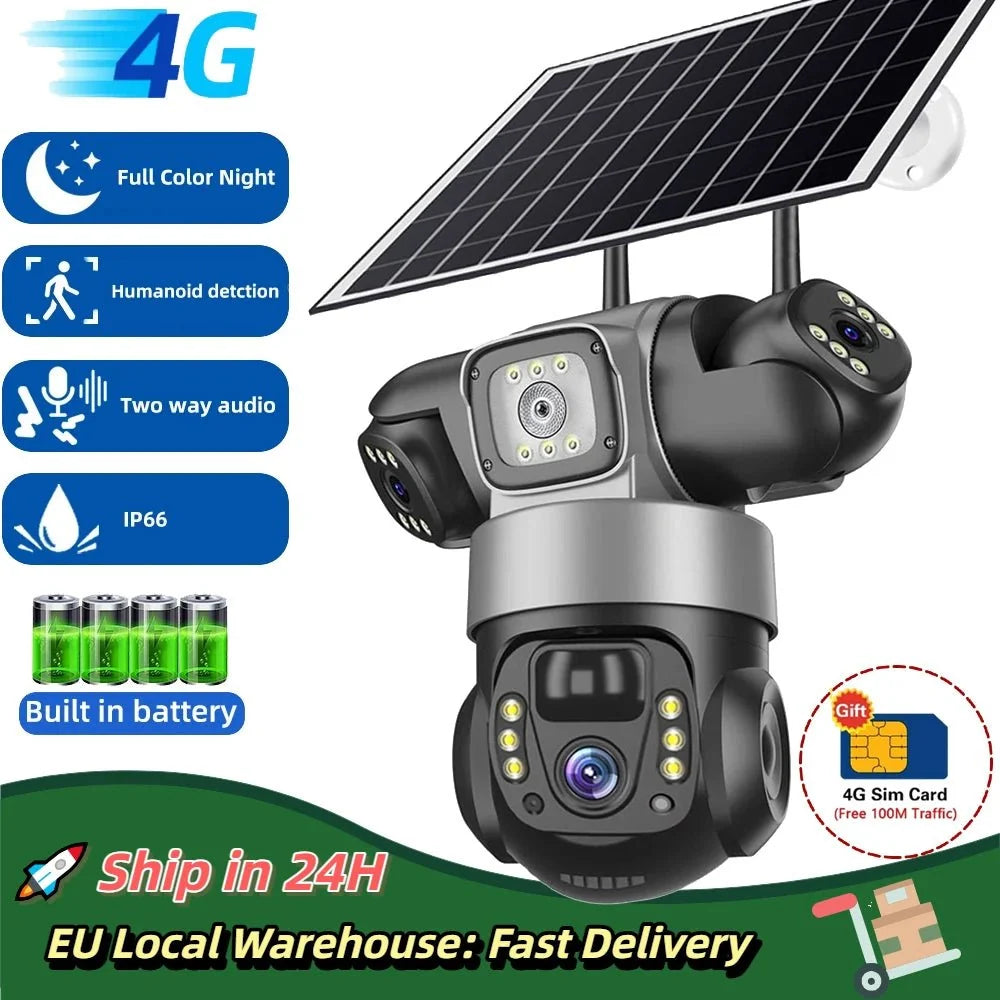 SolarGuard 4G Outdoor Solar Camera - Triple Lens 10X Zoom PIR Detection IP66 Pro