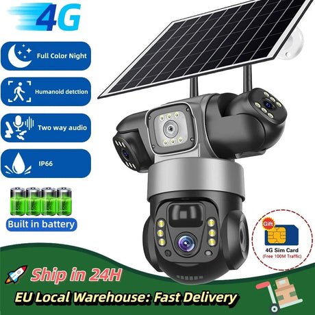 SolarGuard 4G Outdoor Solar Camera - Triple Lens 10X Zoom PIR Detection IP66 Pro