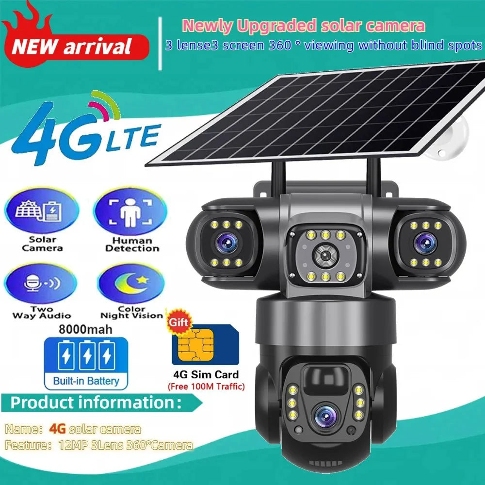 SolarGuard 4G Outdoor Solar Camera - Triple Lens 10X Zoom PIR Detection IP66 Pro