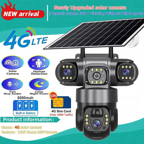 SolarGuard 4G Outdoor Solar Camera - Triple Lens 10X Zoom PIR Detection IP66 Pro