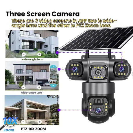 SolarGuard 4G Outdoor Solar Camera - Triple Lens 10X Zoom PIR Detection IP66 Pro