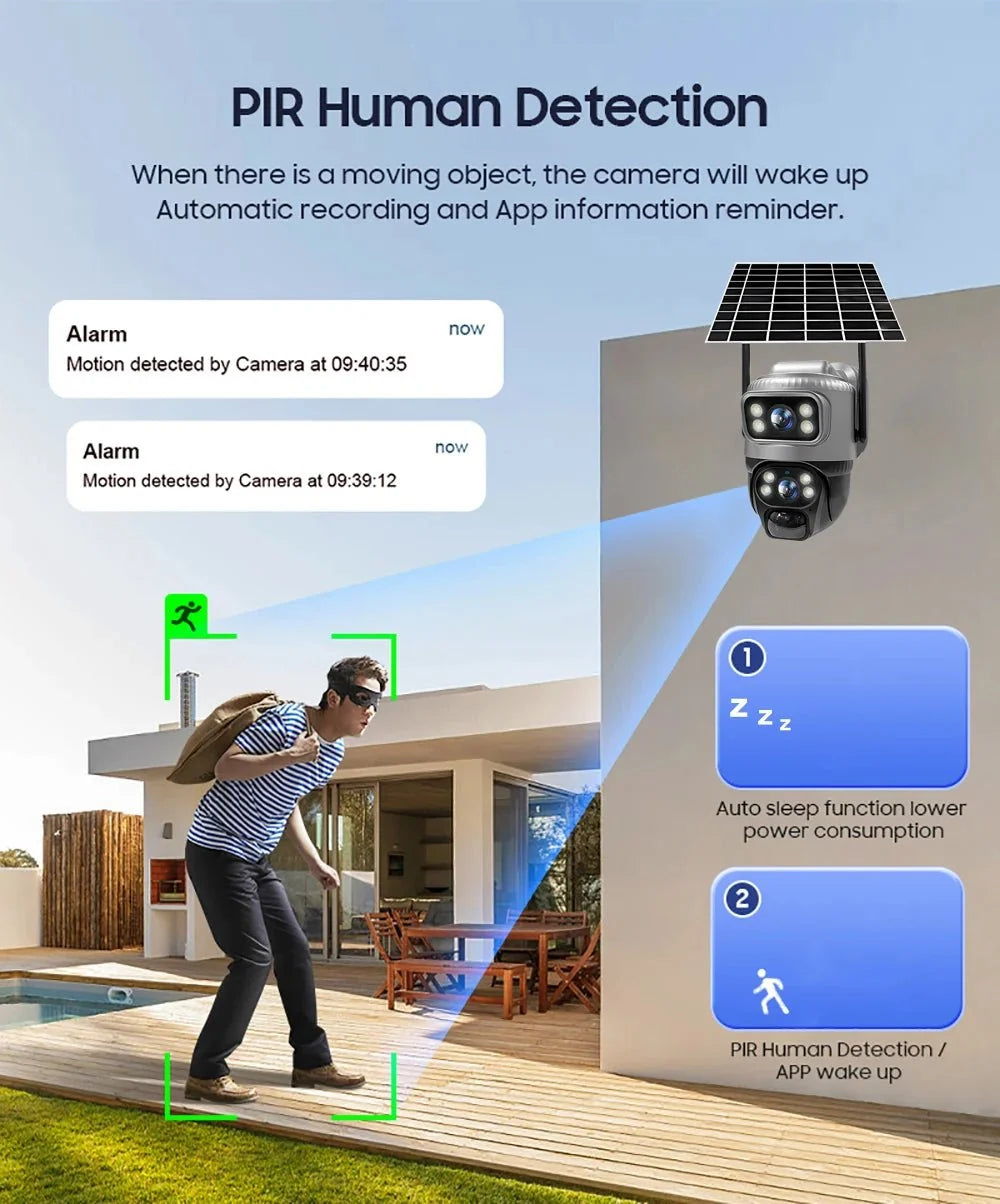 V380 Dual Lens 4G Solar Camera IR Detection Night Vision Waterproof Security Cams